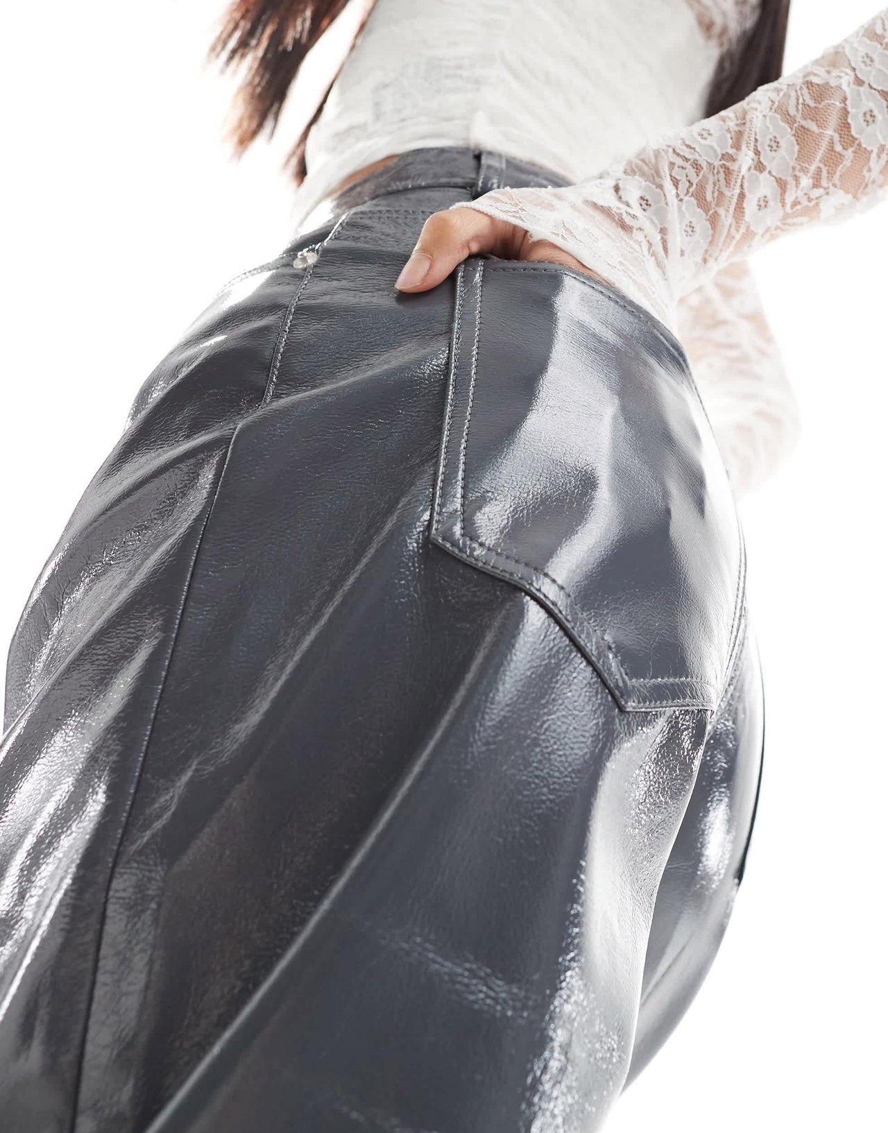 Pull&Bear crackle finish vinyl trouser in dark grey