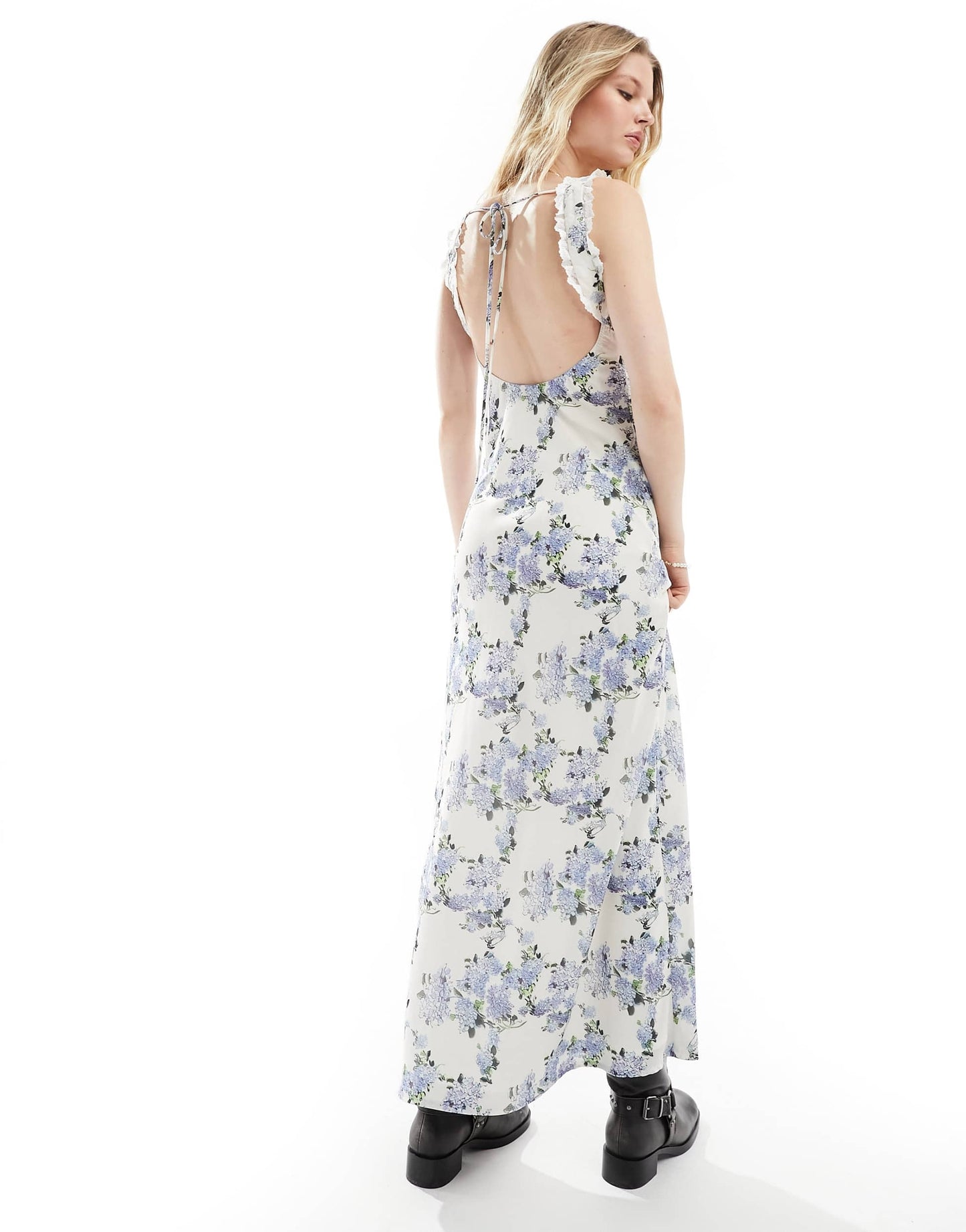 Kiss The Sky bust detail chintz floral print maxi dress in blue and white