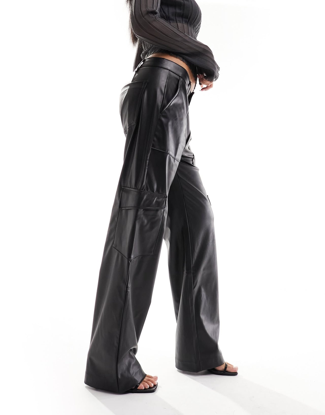 Pull&Bear faux leather cargo wide leg trouser in black
