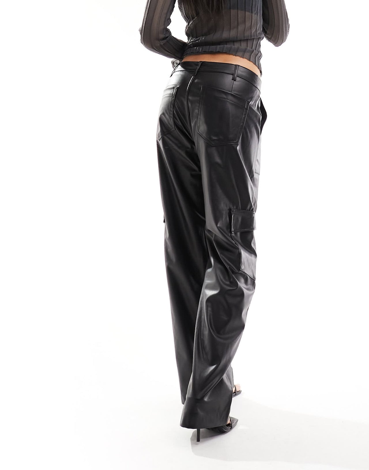 Pull&Bear faux leather cargo wide leg trouser in black