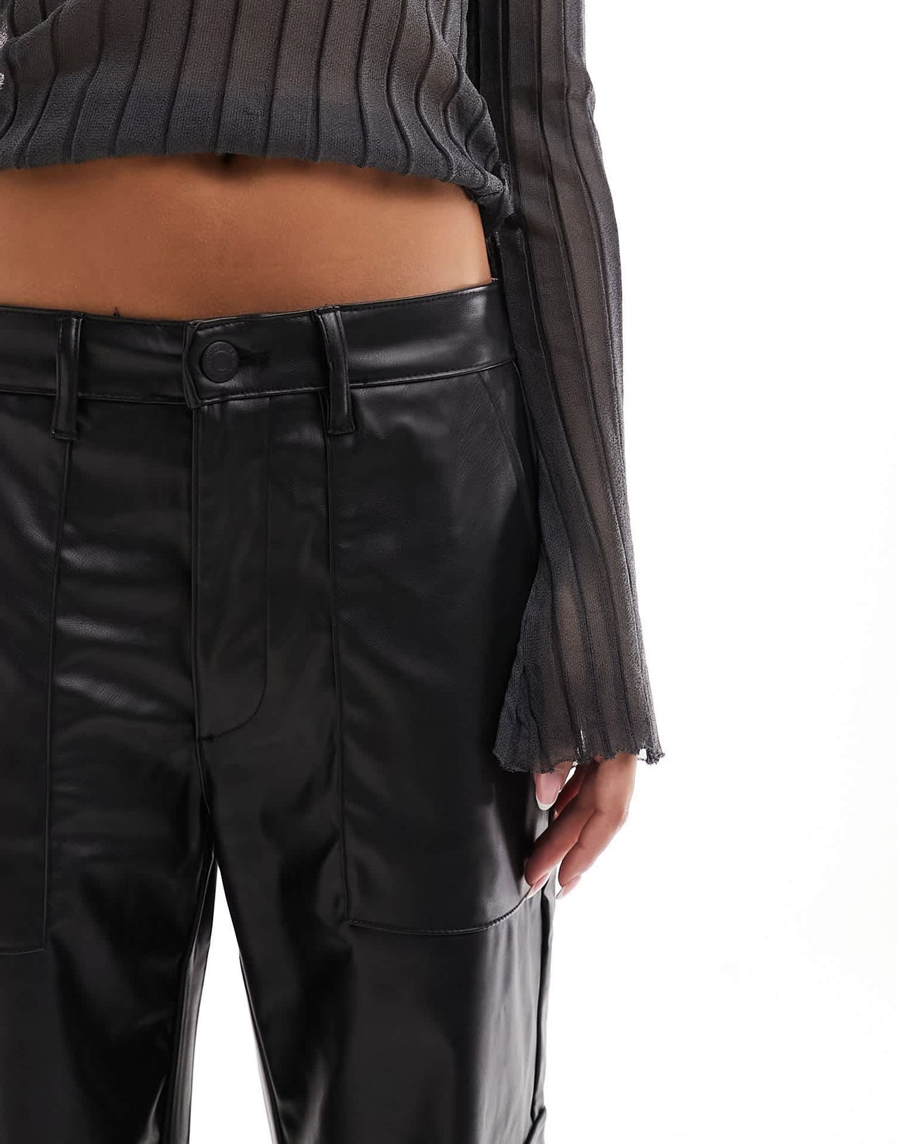 Pull&Bear faux leather cargo wide leg trouser in black