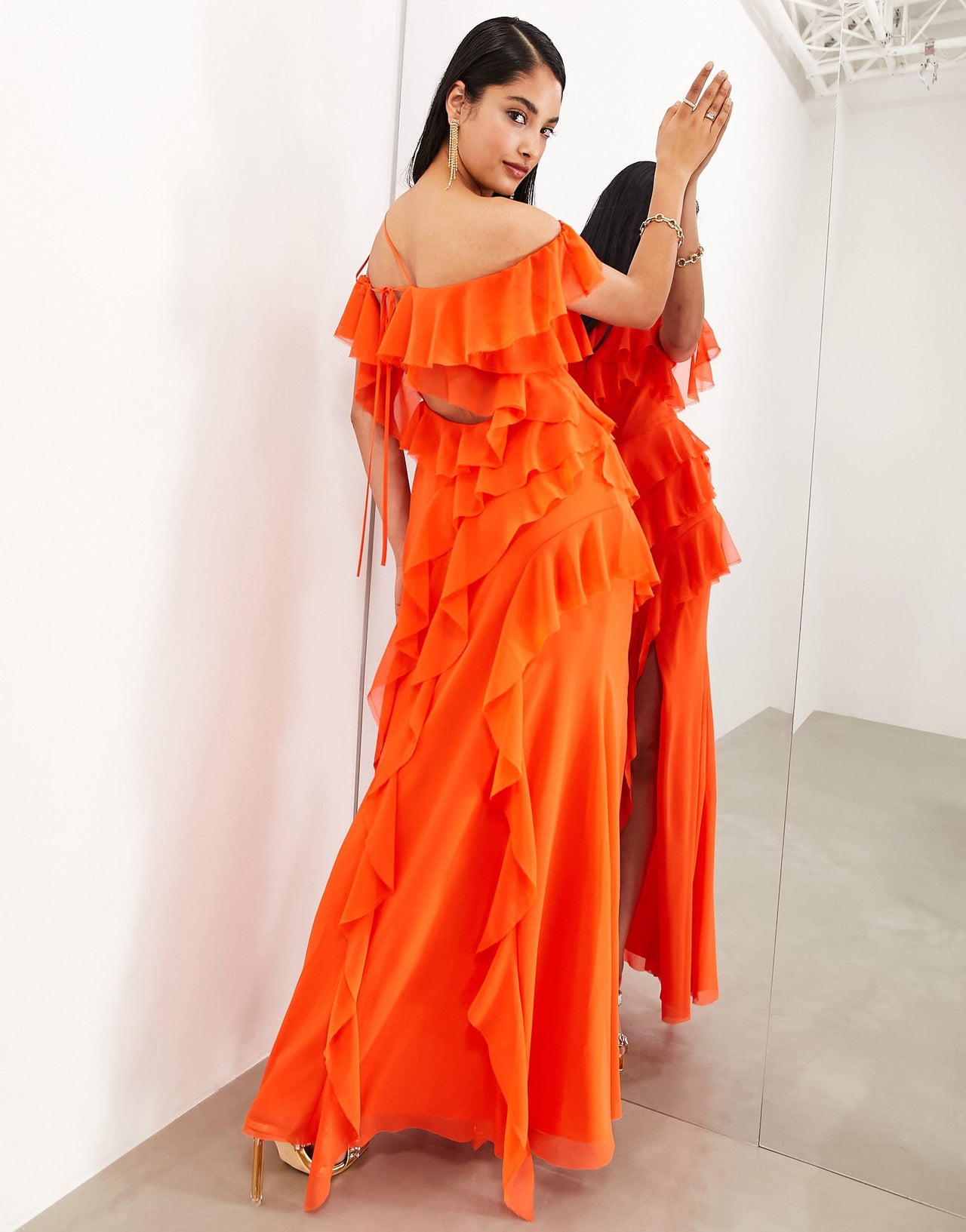 ASOS EDITION chiffon bardot ultimate ruffle maxi dress in red