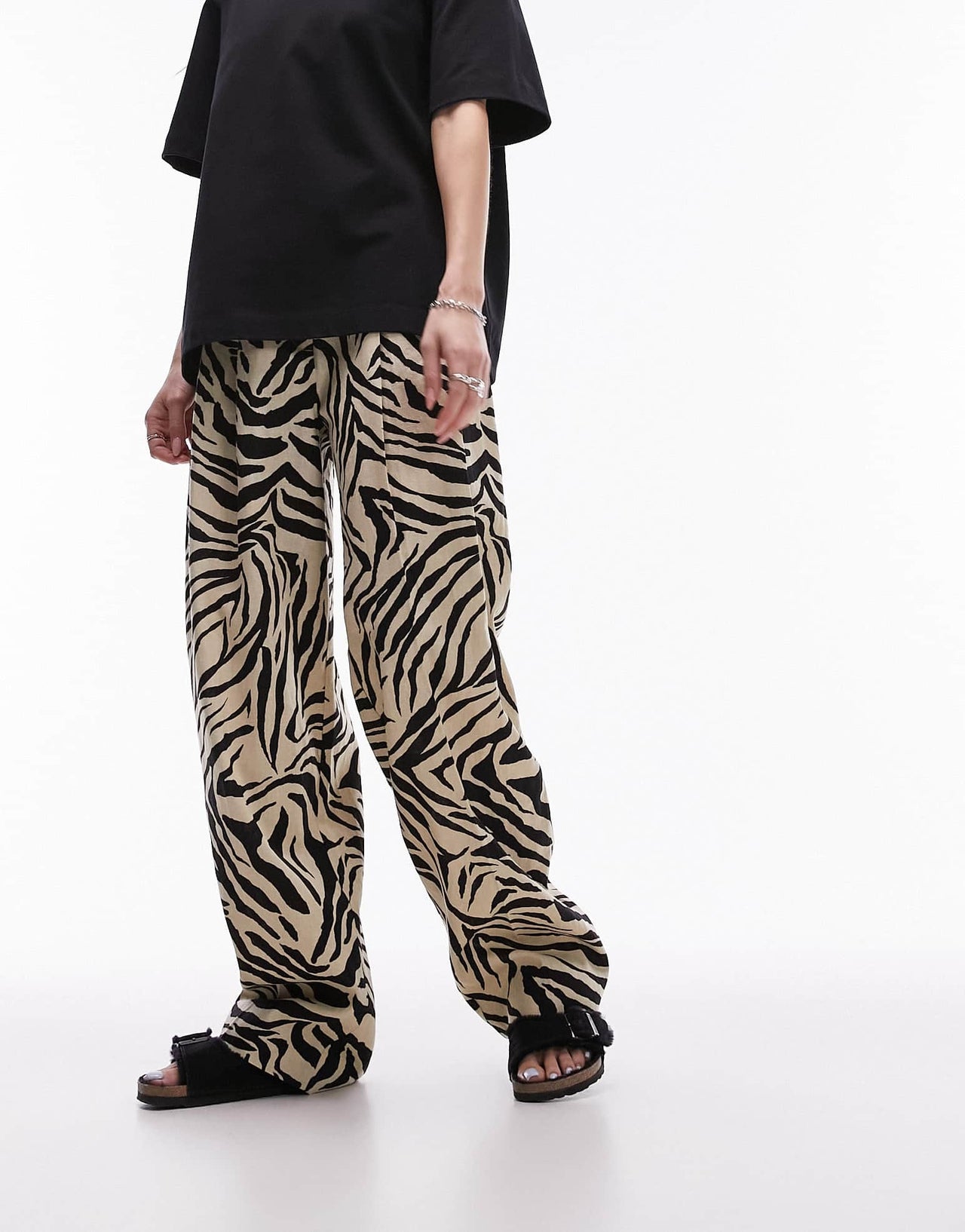 Topshop zebra printed wide leg linen trouser in monochrome