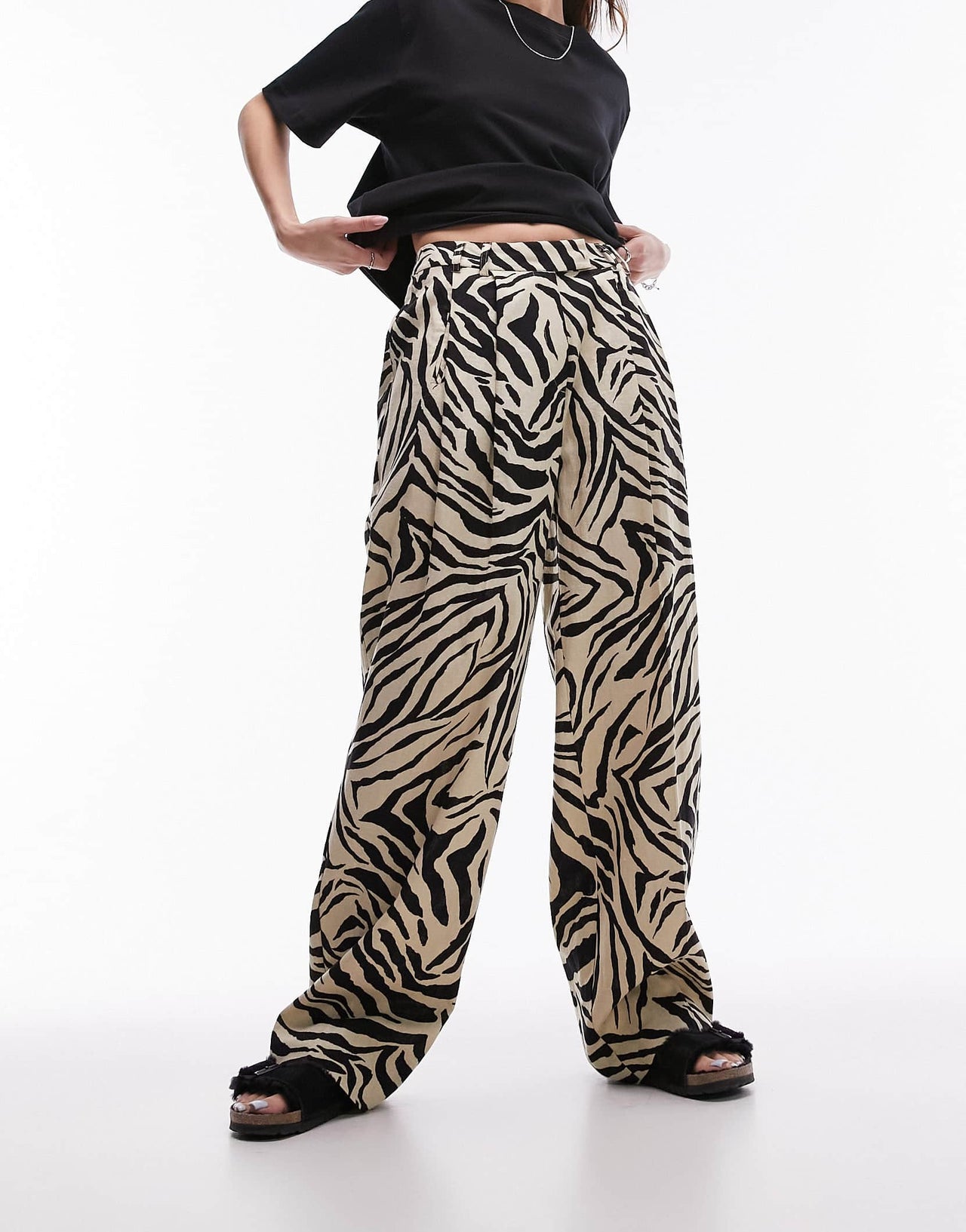 Topshop zebra printed wide leg linen trouser in monochrome