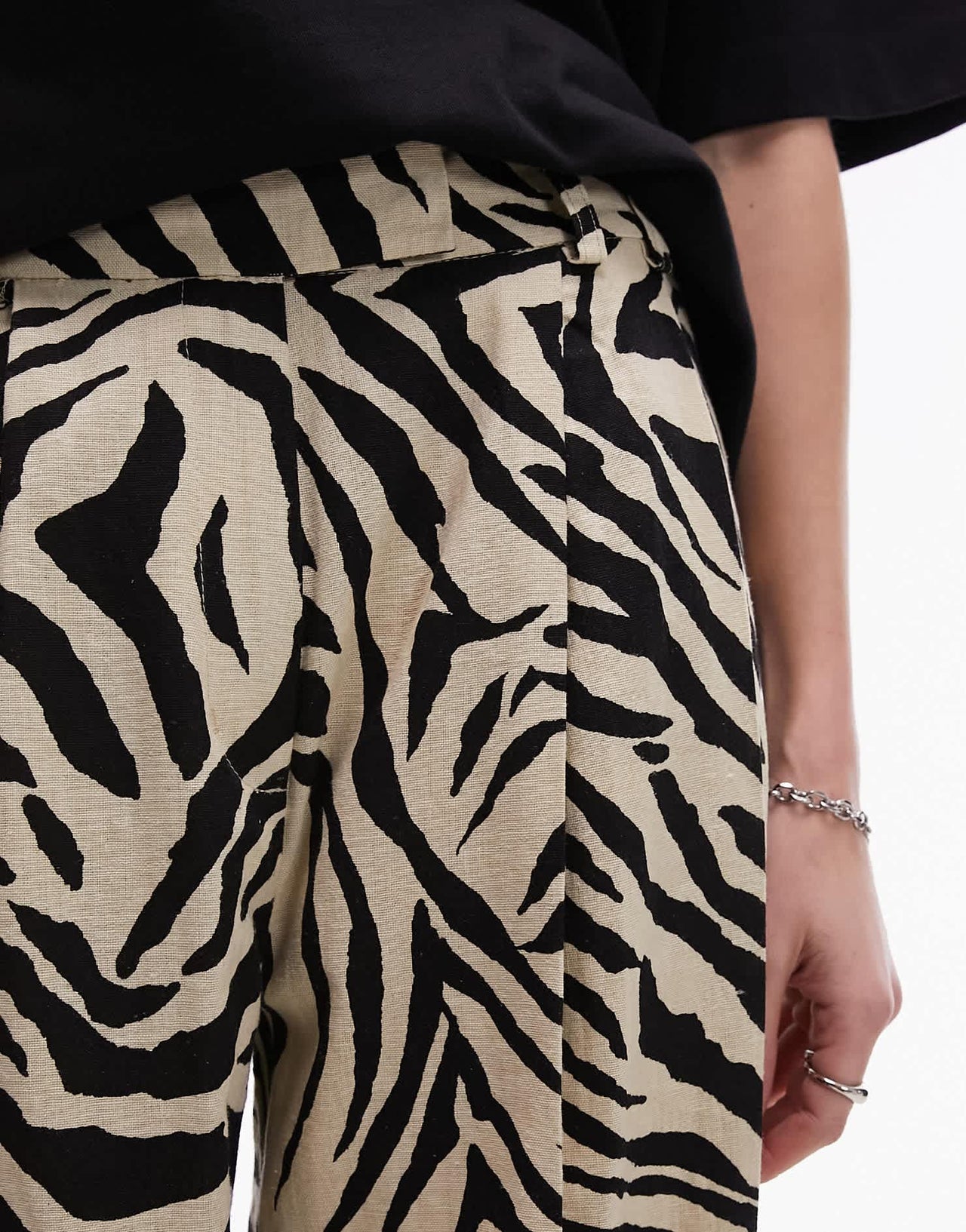 Topshop zebra printed wide leg linen trouser in monochrome