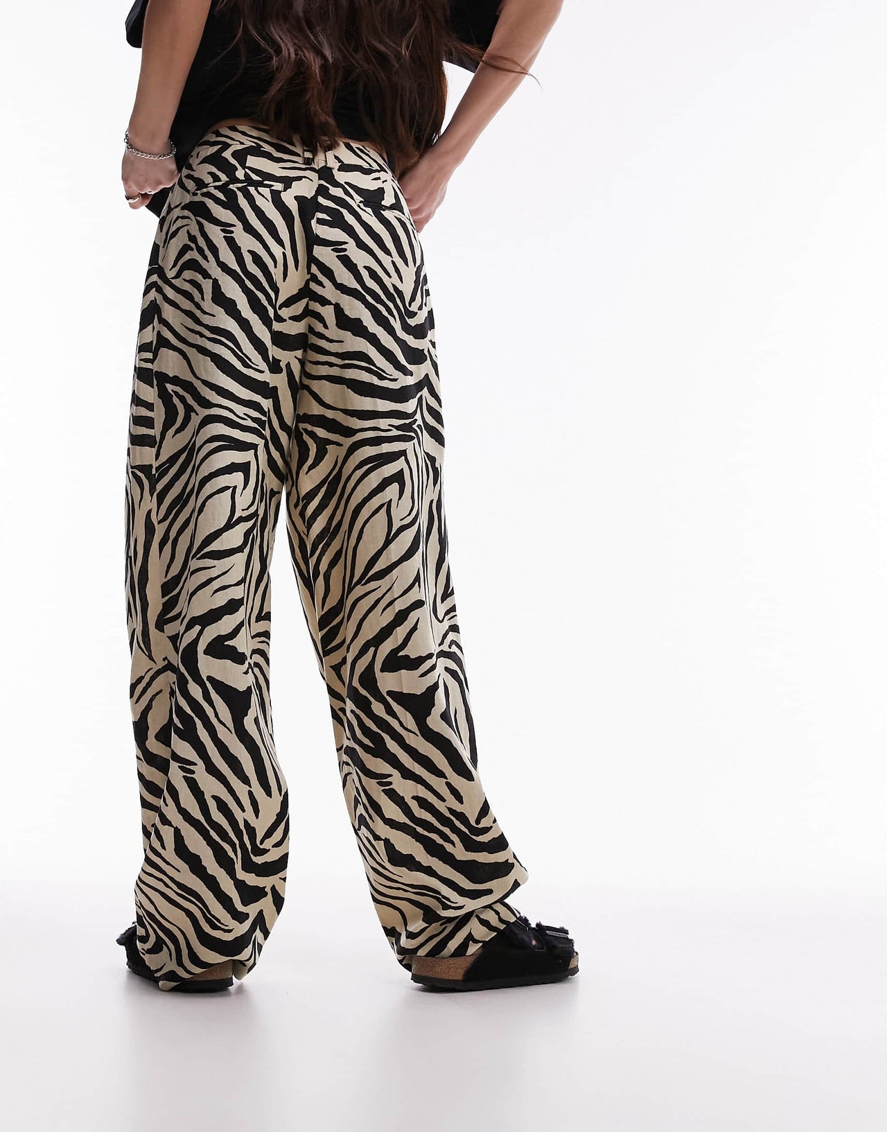 Topshop zebra printed wide leg linen trouser in monochrome