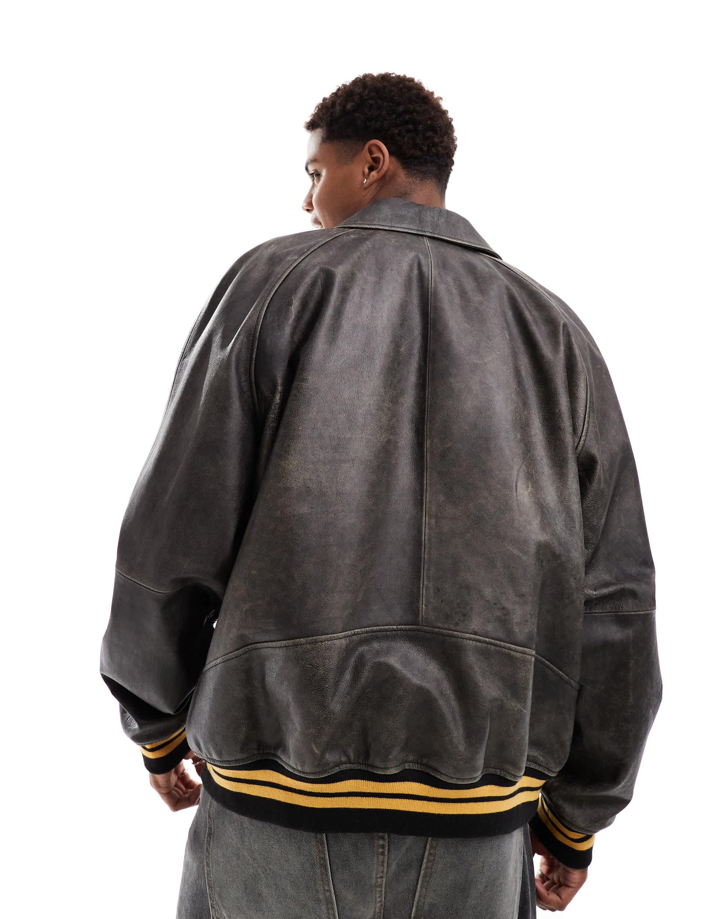 ASOS DESIGN real leather bomber jacket with varsity badging in black wash