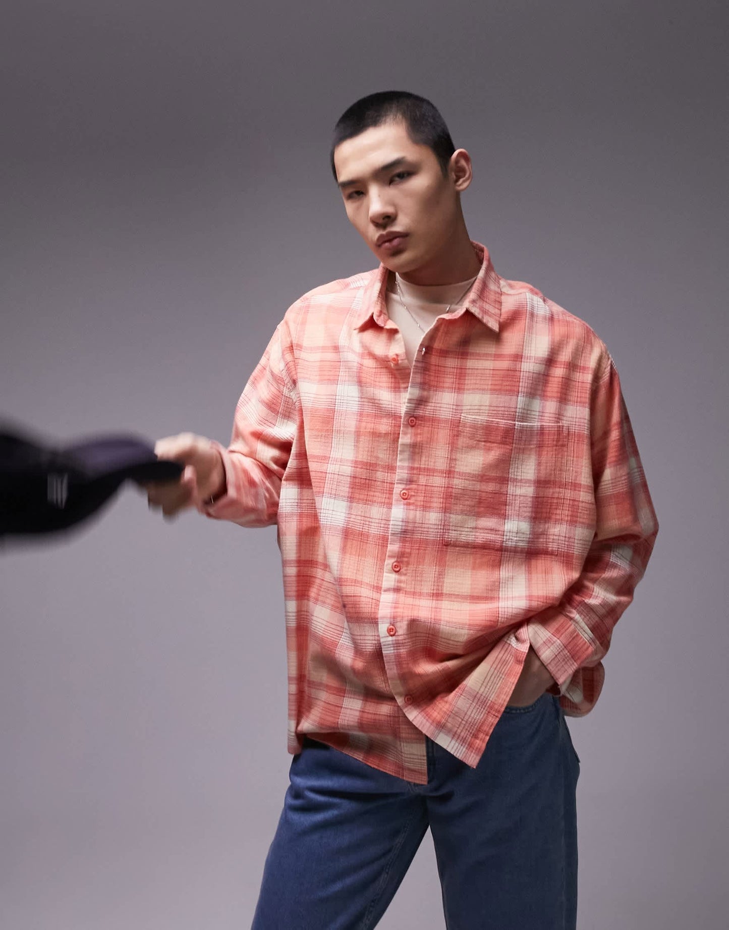Topman long sleeve relaxed check shirt in pink