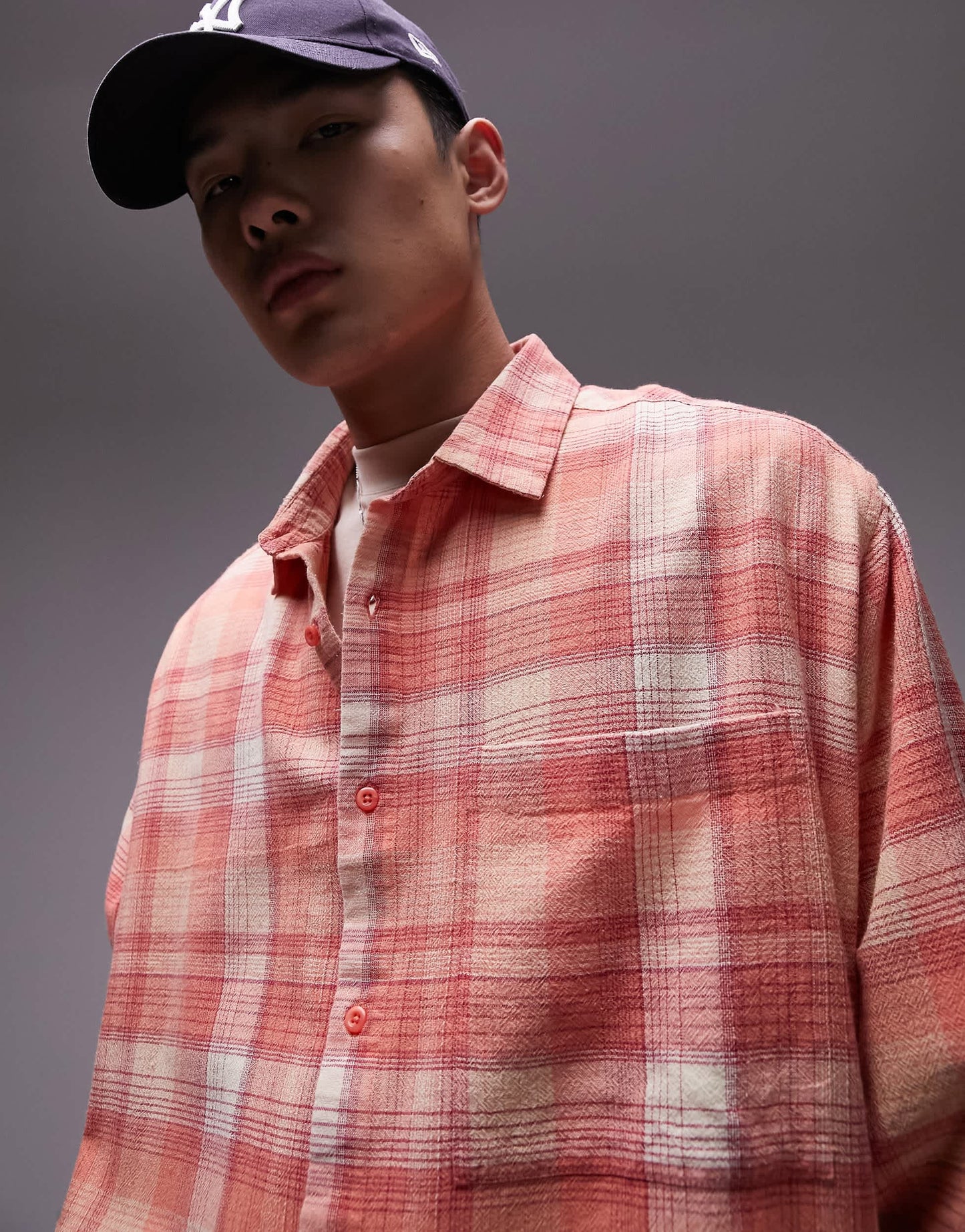 Topman long sleeve relaxed check shirt in pink
