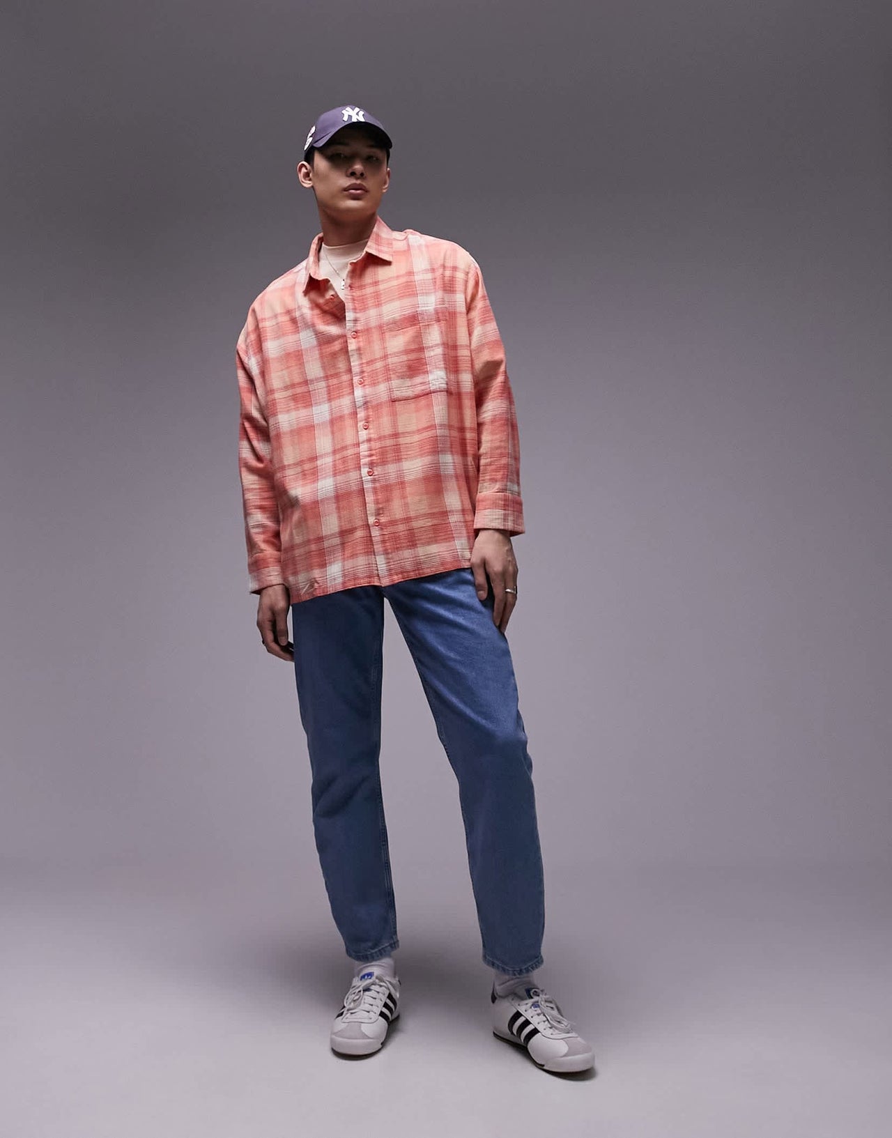 Topman long sleeve relaxed check shirt in pink