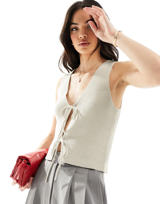ASOS DESIGN knitted waistcoat with tie front in grey