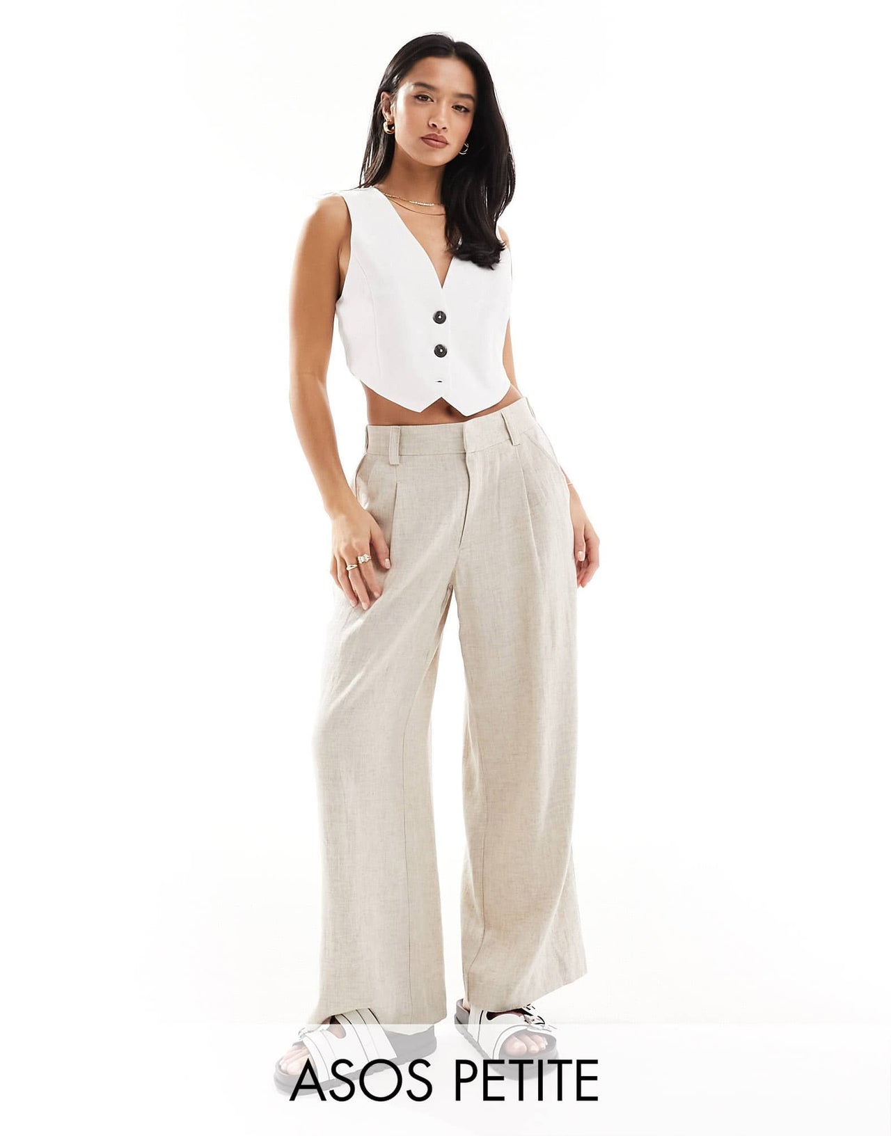ASOS DESIGN Petite wide leg dad trousers with linen in natural