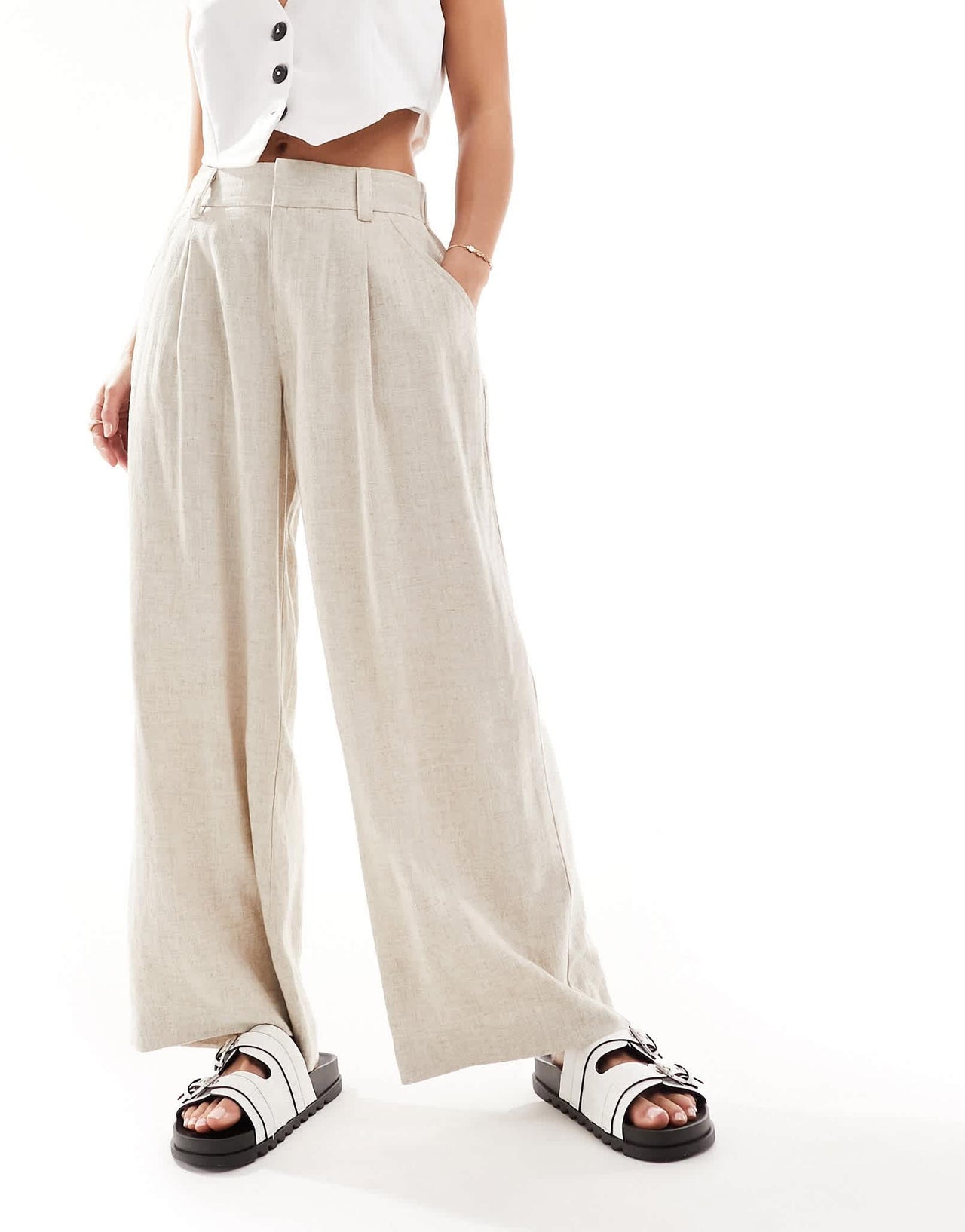ASOS DESIGN Petite wide leg dad trousers with linen in natural