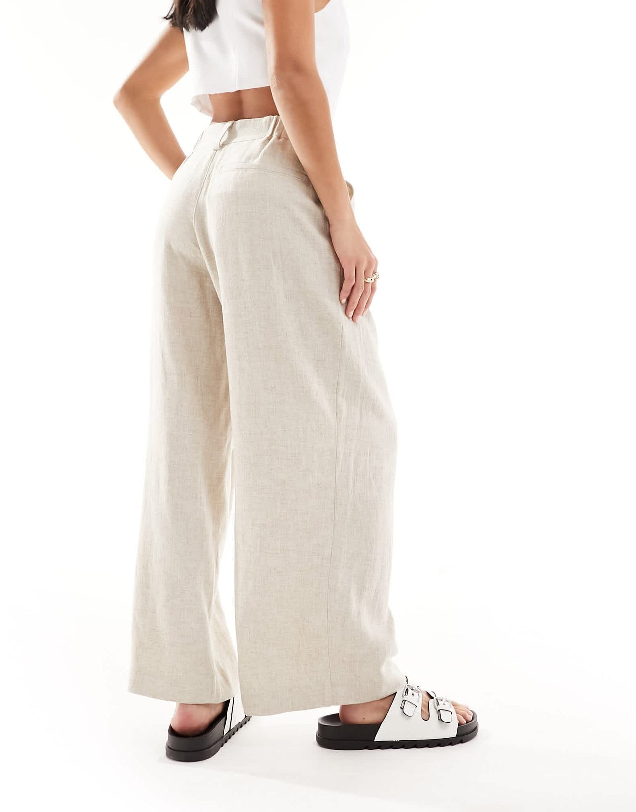 ASOS DESIGN Petite wide leg dad trousers with linen in natural