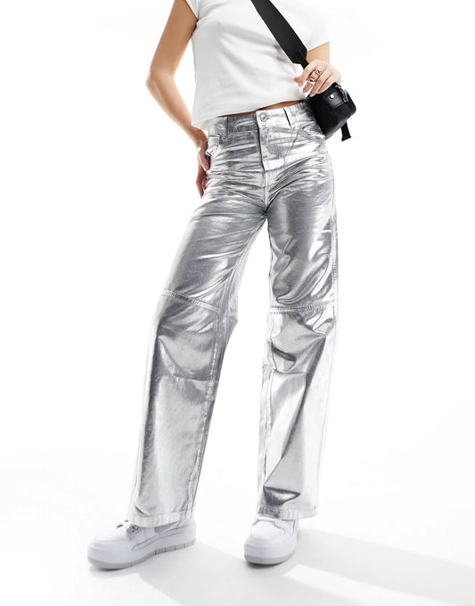 Bershka cracked faux leather straight leg trousers in gunmetal silver