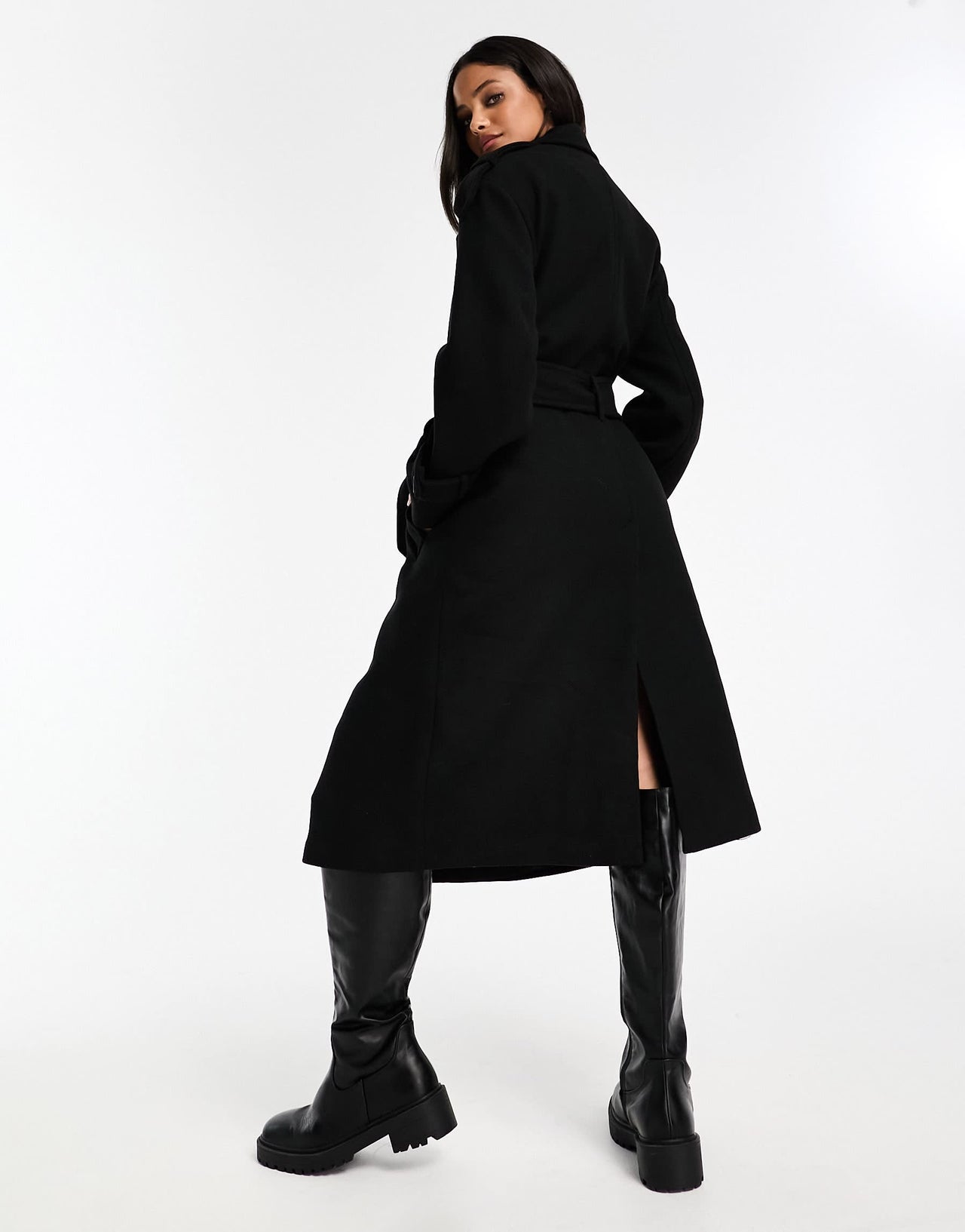 Bershka wool trench coat in black