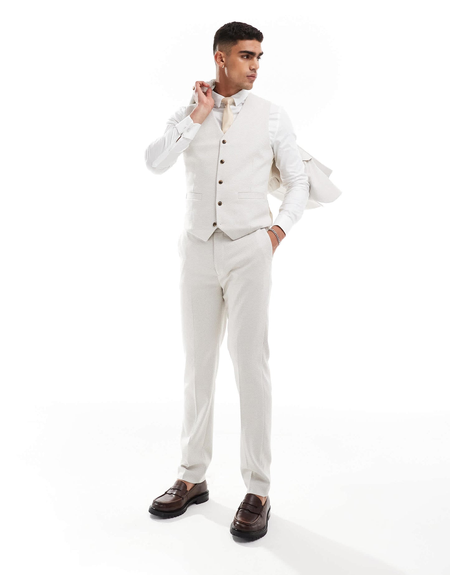 ASOS DESIGN slim suit waistcoat in pale grey birdseye texture