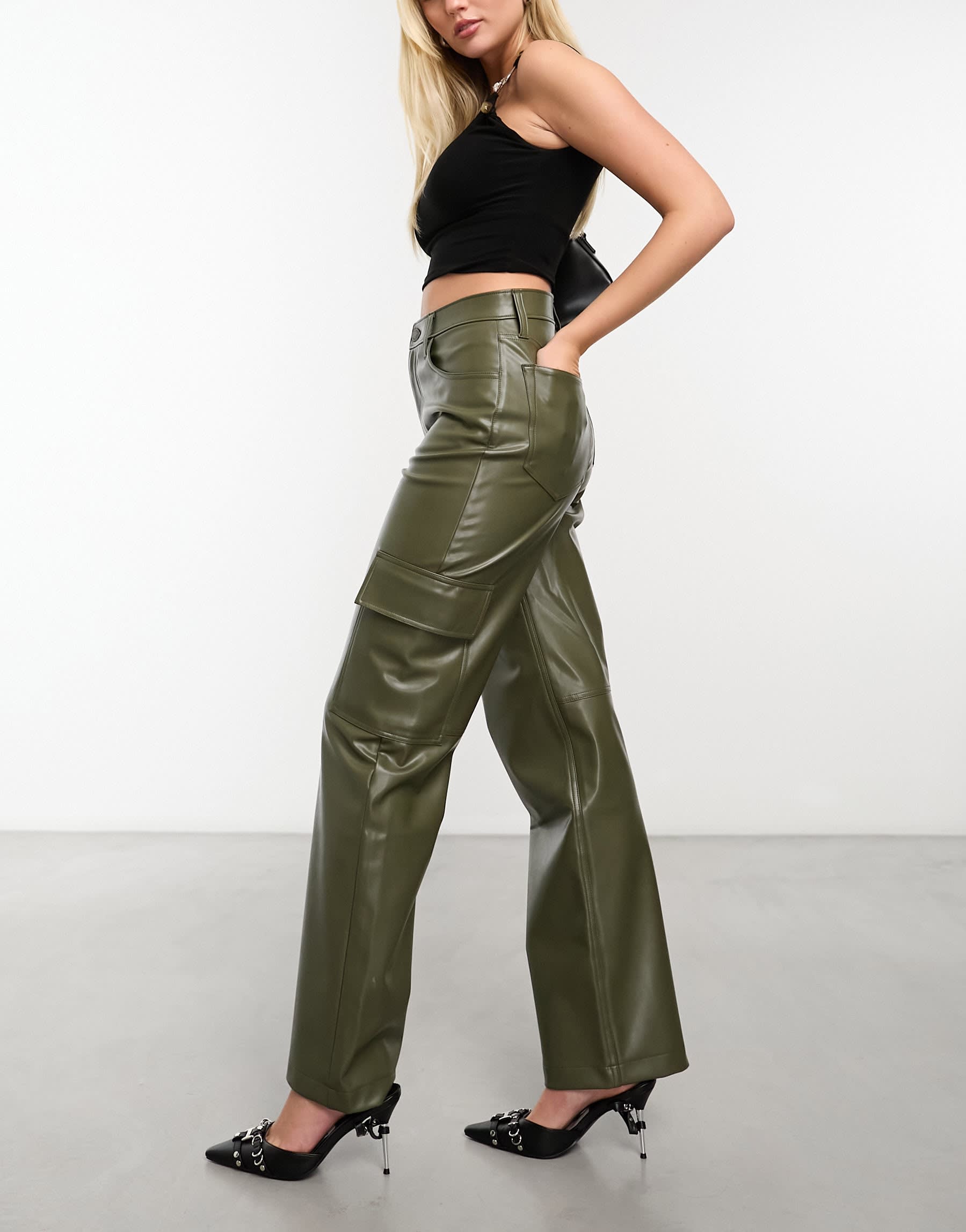 Abercrombie & Fitch Curve Love 90s relaxed faux leather cargo trousers in green
