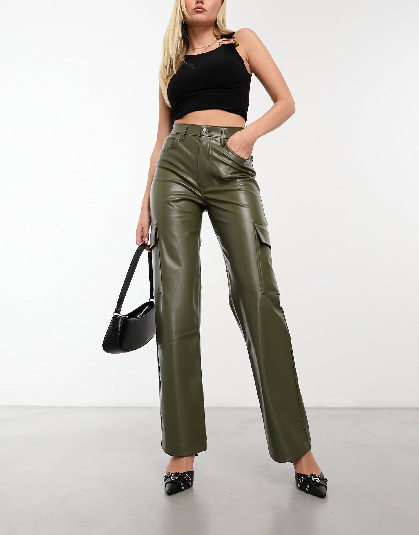 Abercrombie & Fitch Curve Love 90s relaxed faux leather cargo trousers in green
