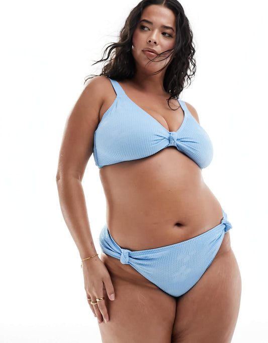 South Beach Curve jacquard crinkle high waist bikini bottom in cornflower blue