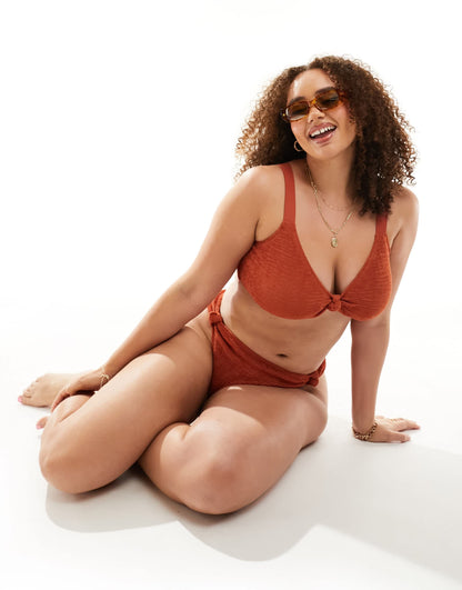 South Beach Curve crinkle knot front bikini top in rust