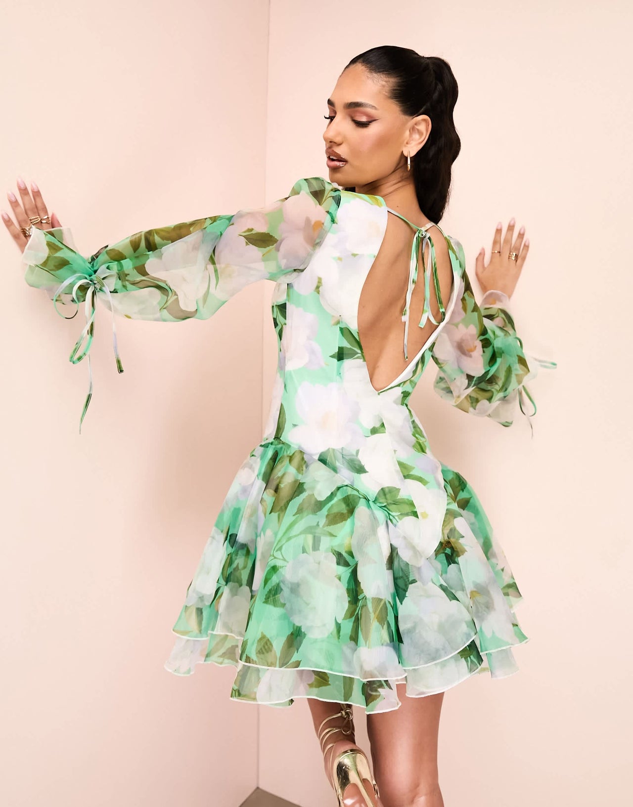 ASOS LUXE cupped organza mini dress in green floral print