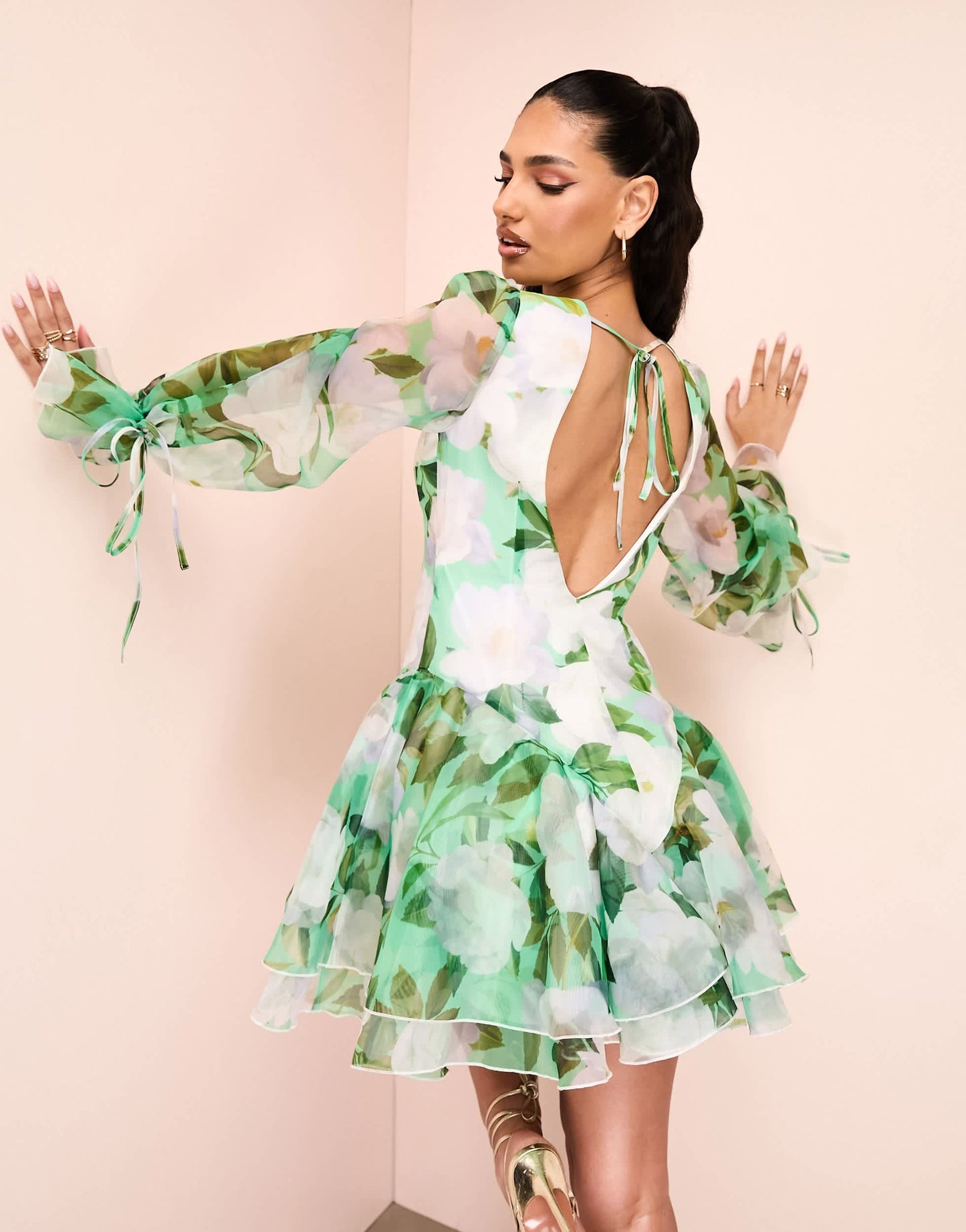 ASOS LUXE cupped organza mini dress in green floral print