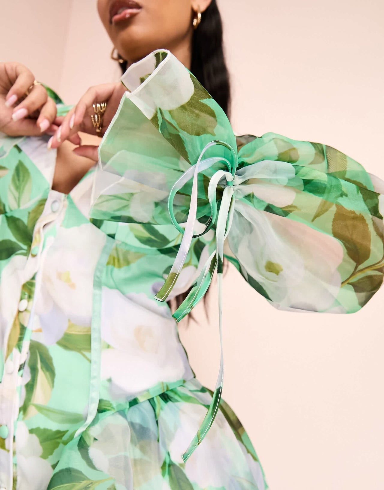 ASOS LUXE cupped organza mini dress in green floral print