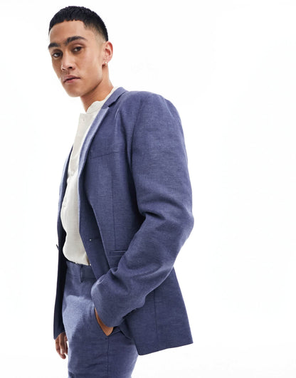 ASOS DESIGN skinny herringbone suit jacket with linen in navy