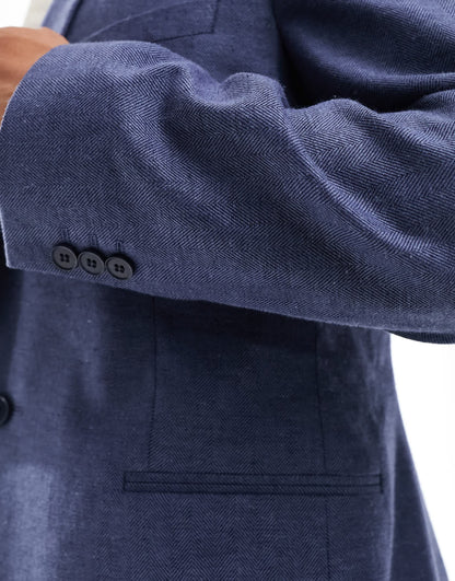 ASOS DESIGN skinny herringbone suit jacket with linen in navy