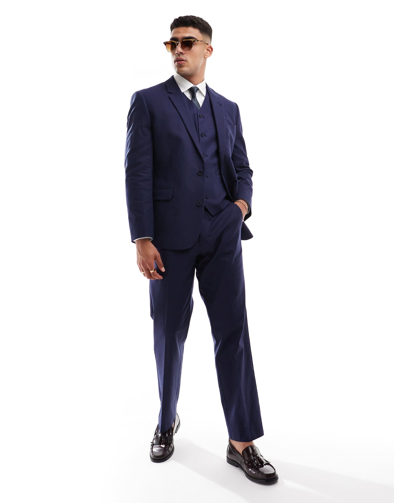 ASOS DESIGN slim with linen suit jacket in navy