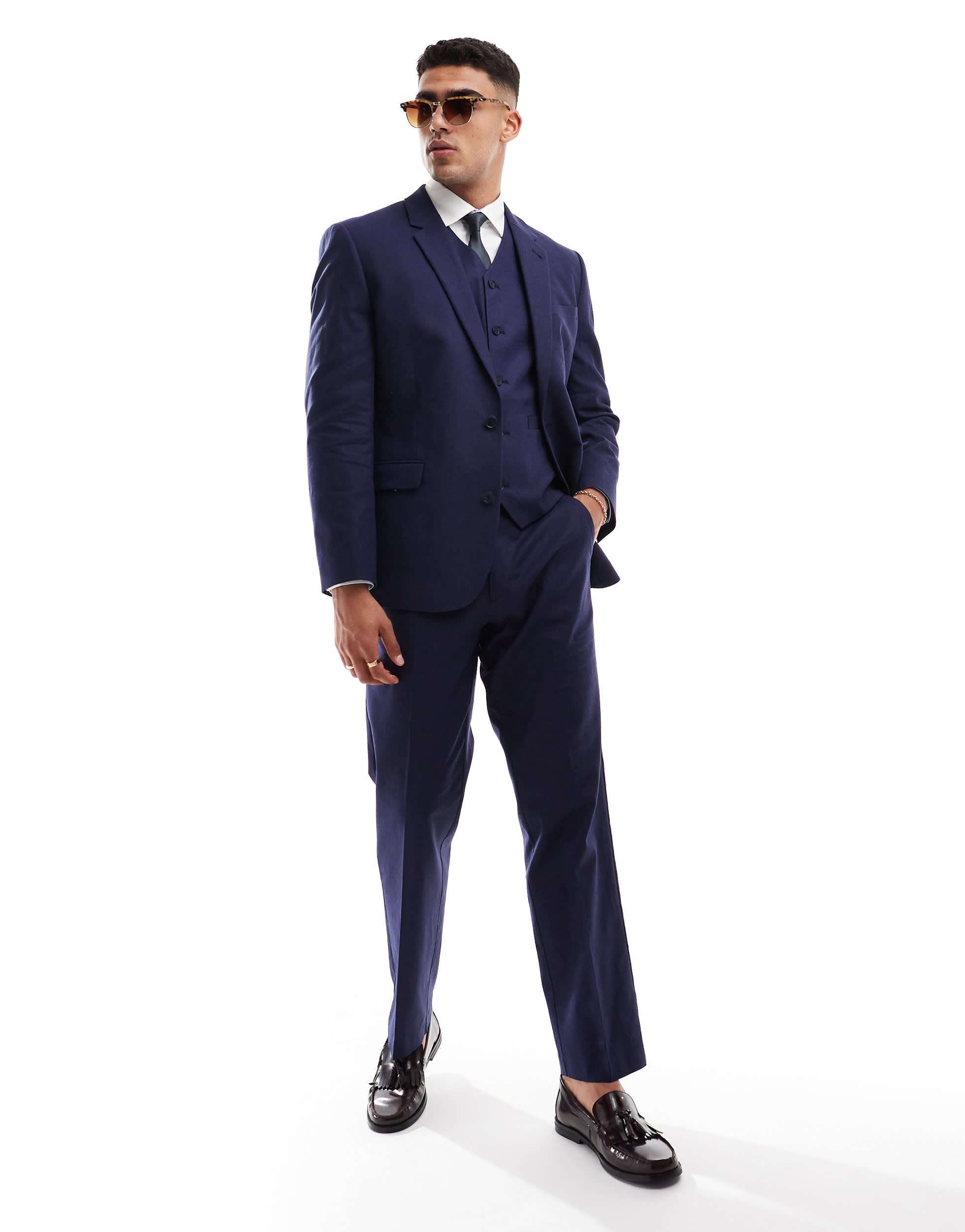 ASOS DESIGN slim with linen suit jacket in navy