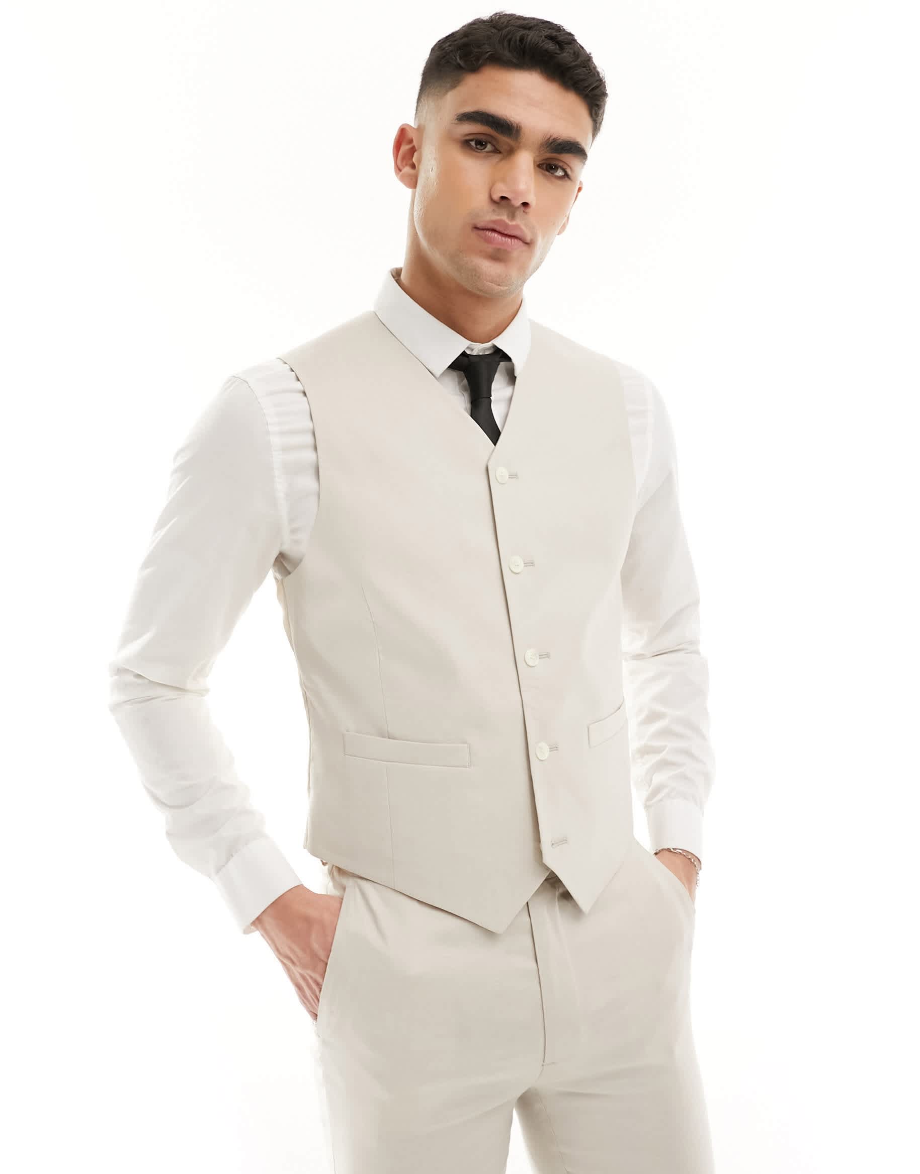 ASOS DESIGN super skinny with linen suit waistcoat in stone