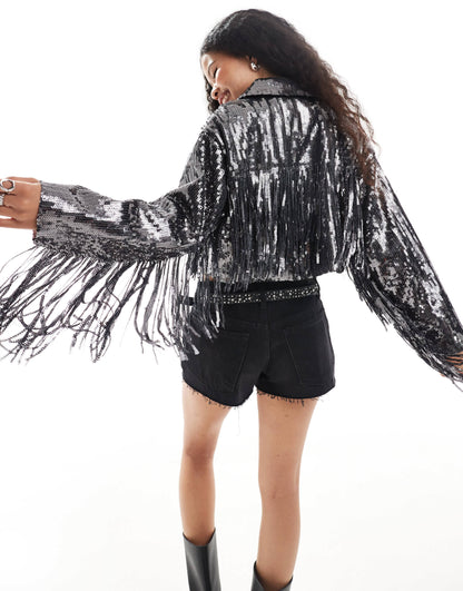 ASOS DESIGN Petite fringe sequin jacket in gunmetal