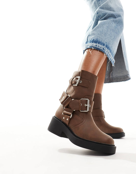 ASOS DESIGN Aim harness biker ankle boot in brown