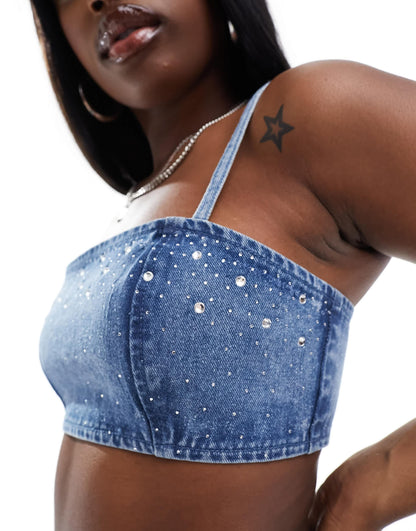Kyo The Brand denim diamante cami bralet co-ord in blue wash