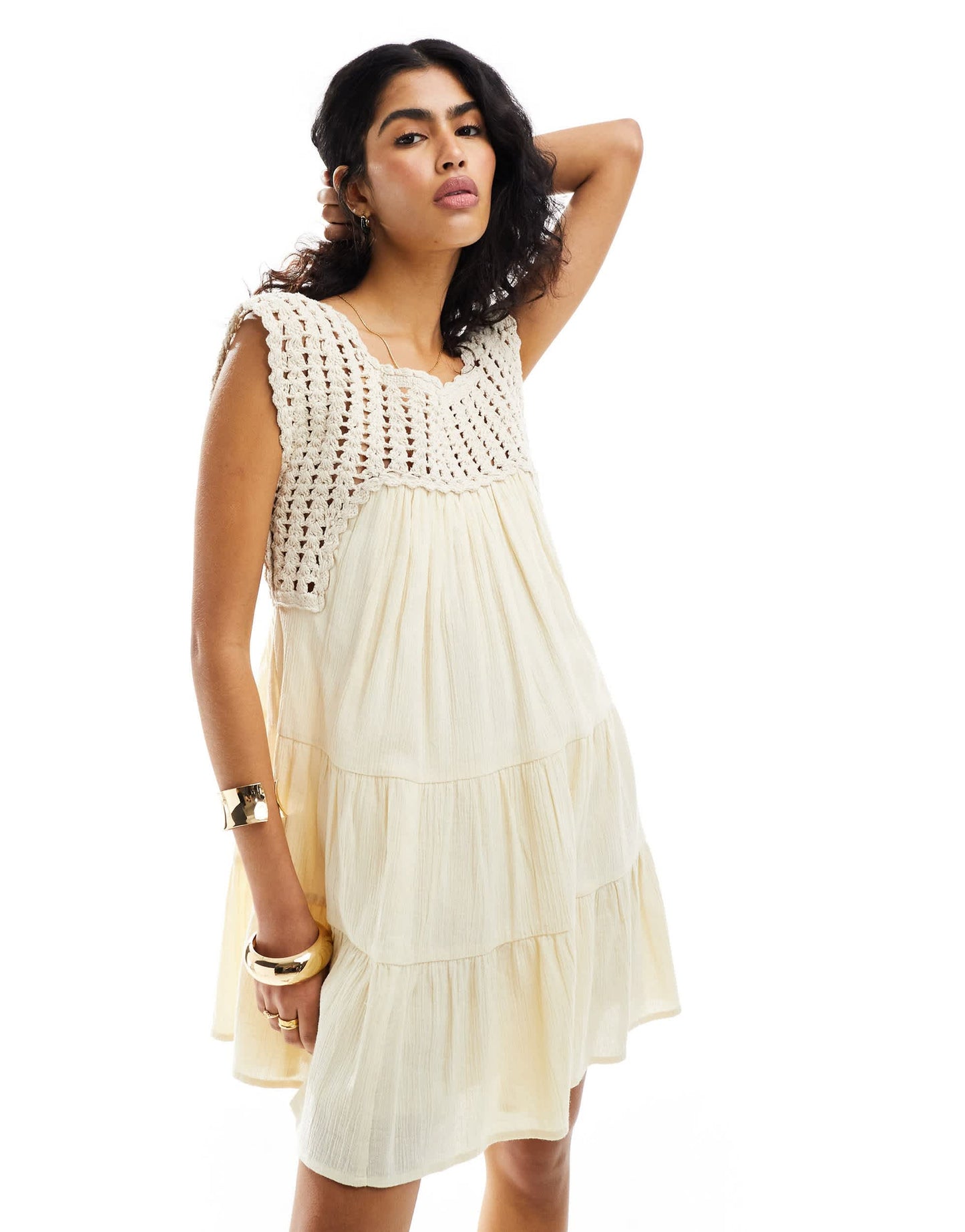 ASOS DESIGN crochet swing tiered mini dress in cream