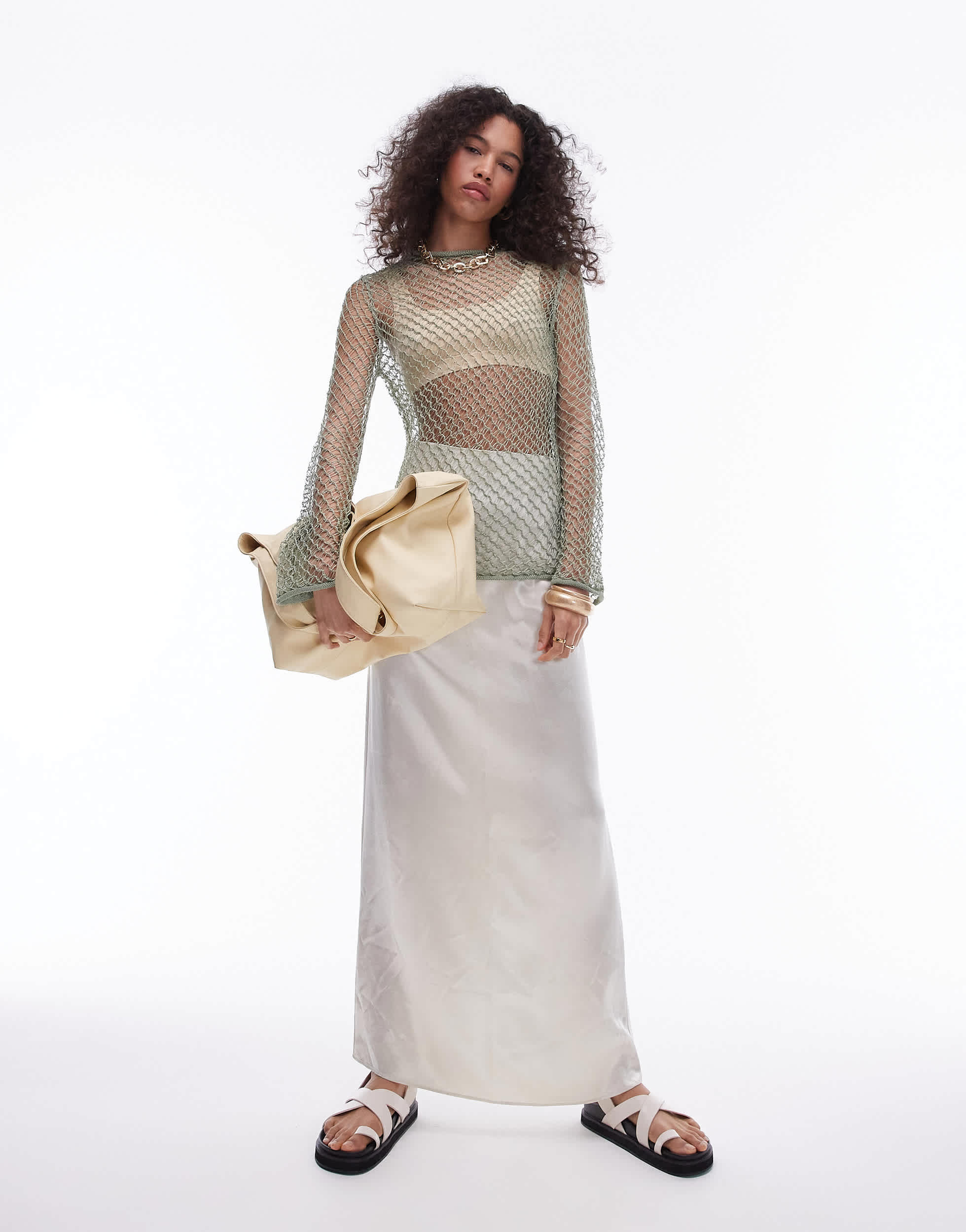 Topshop knitted open stitch top in sage