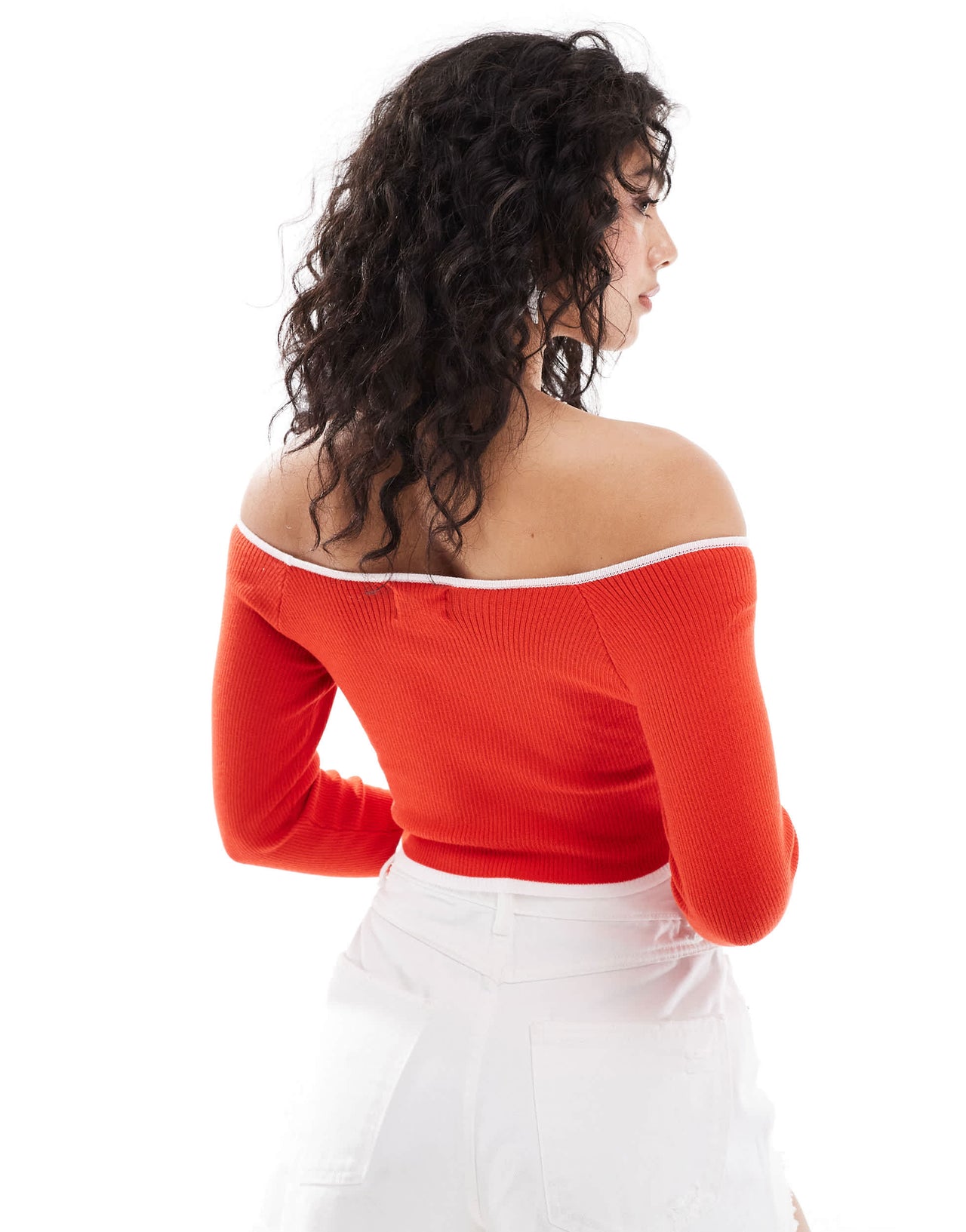 ASOS DESIGN knitted off shoulder bardot top in red