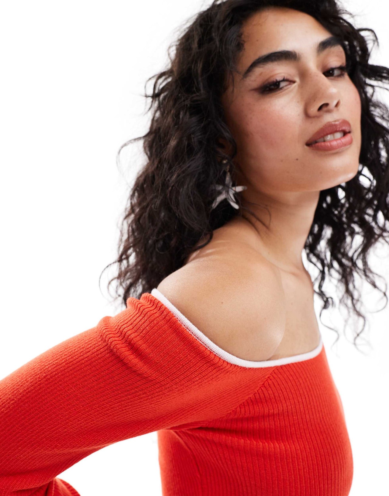 ASOS DESIGN knitted off shoulder bardot top in red