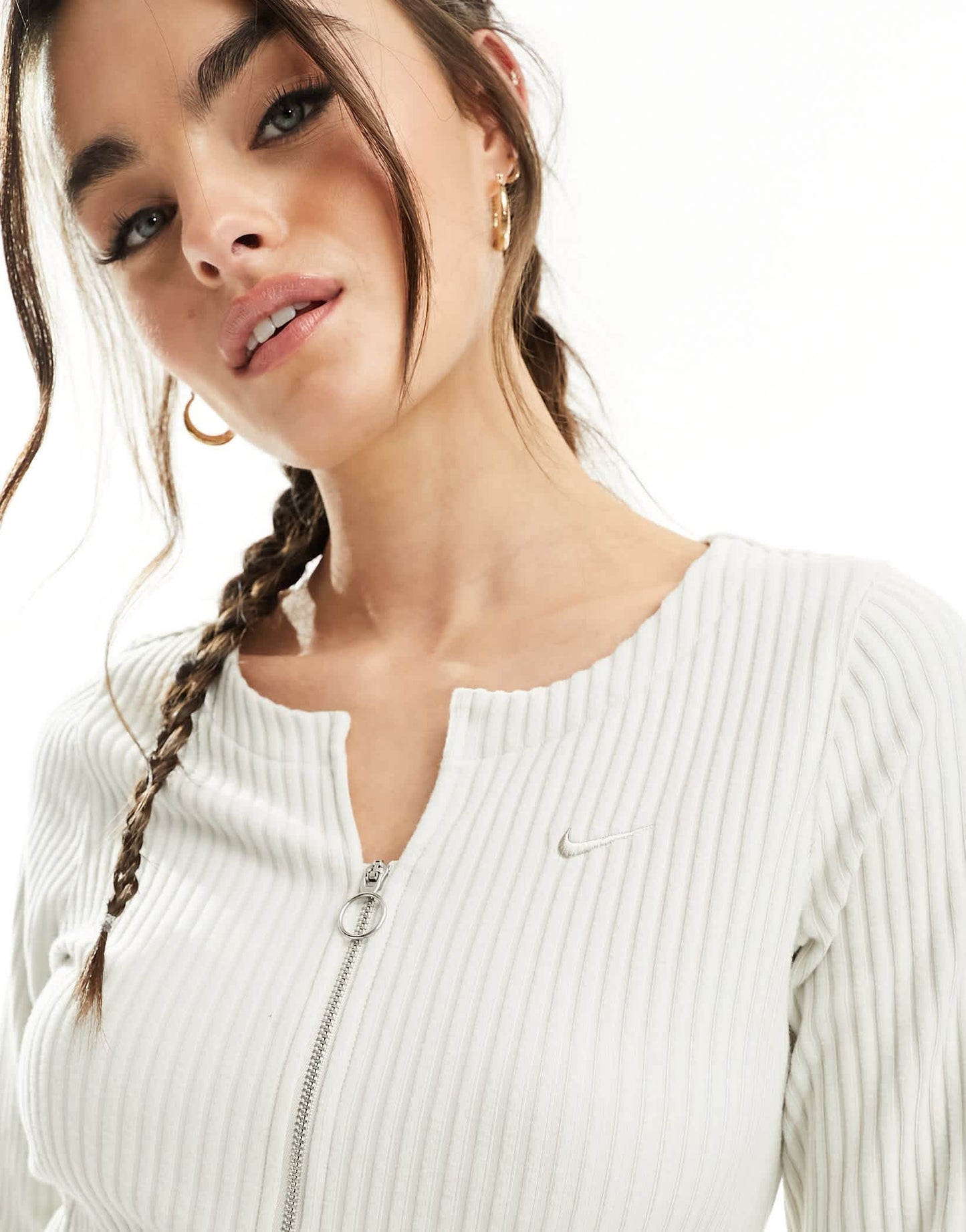 Nike ribbed long sleeve zip through top in orewood