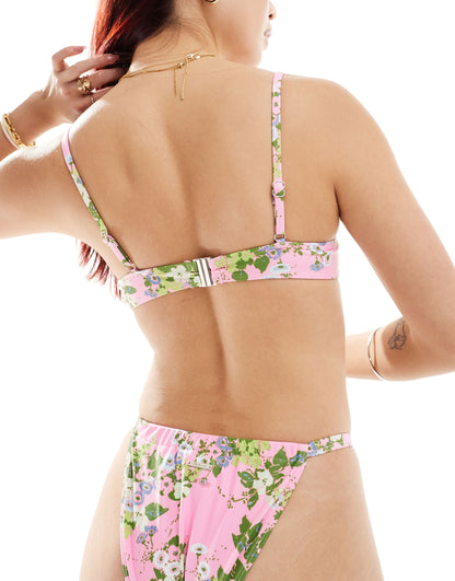 Reclaimed Vintage underwire bikini top in green floral with bows