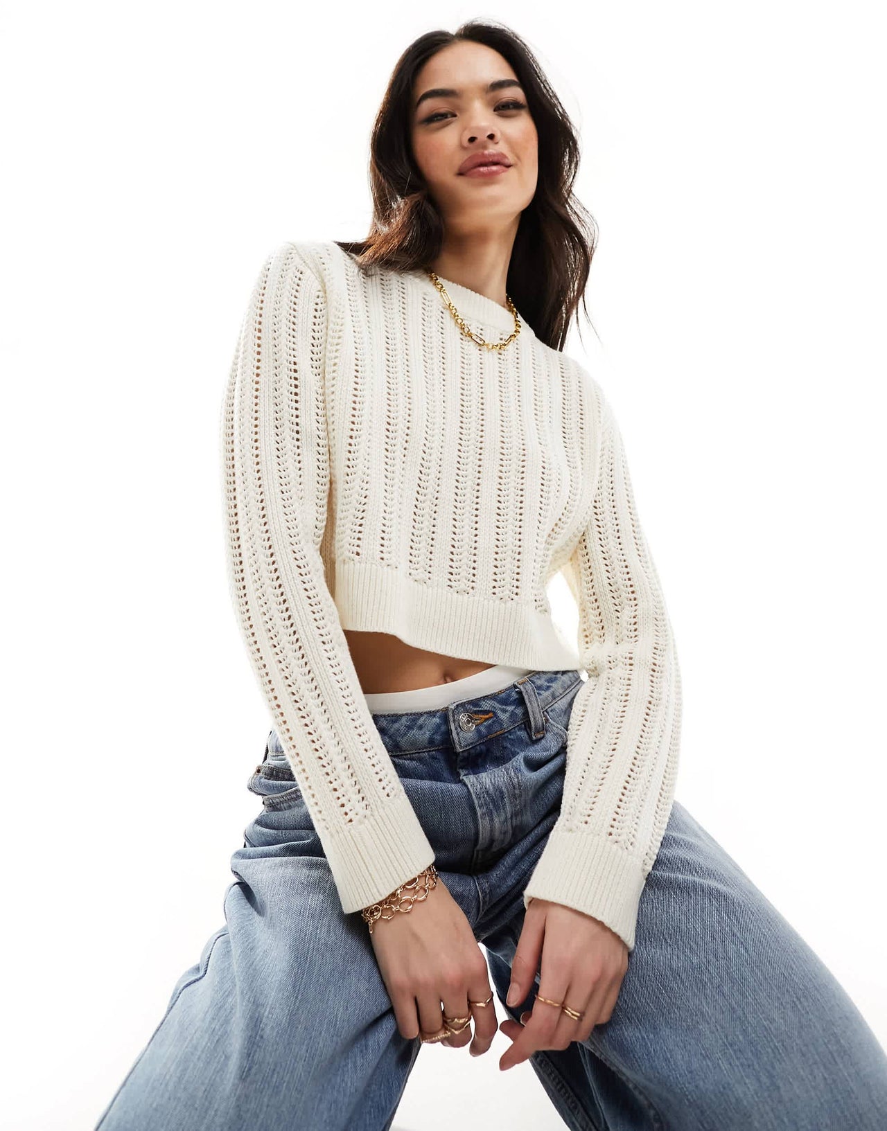 ASOS DESIGN crew neck crop jumper in open stitch in cream