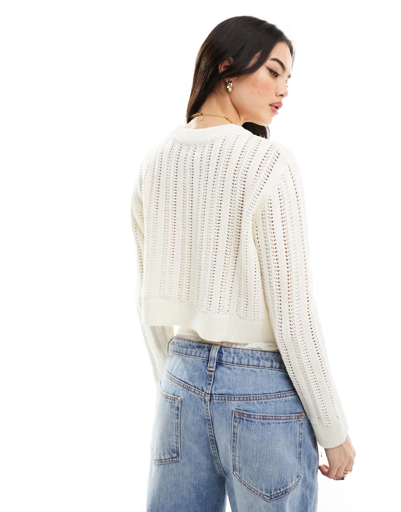 ASOS DESIGN crew neck crop jumper in open stitch in cream