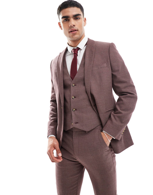 ASOS DESIGN wedding skinny suit jacket in burgundy microtexture