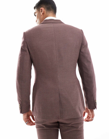 ASOS DESIGN wedding skinny suit jacket in burgundy microtexture