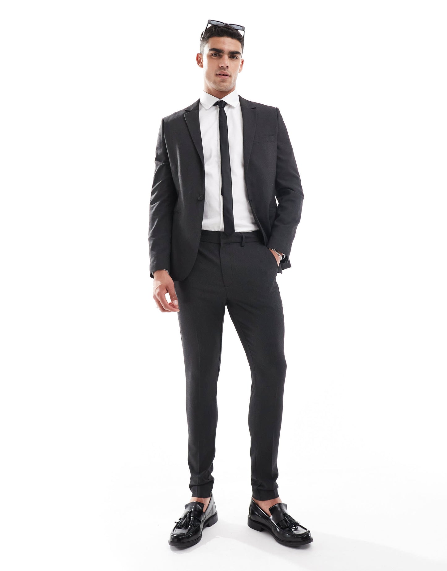 ASOS DESIGN super skinny suit jacket in black pindot