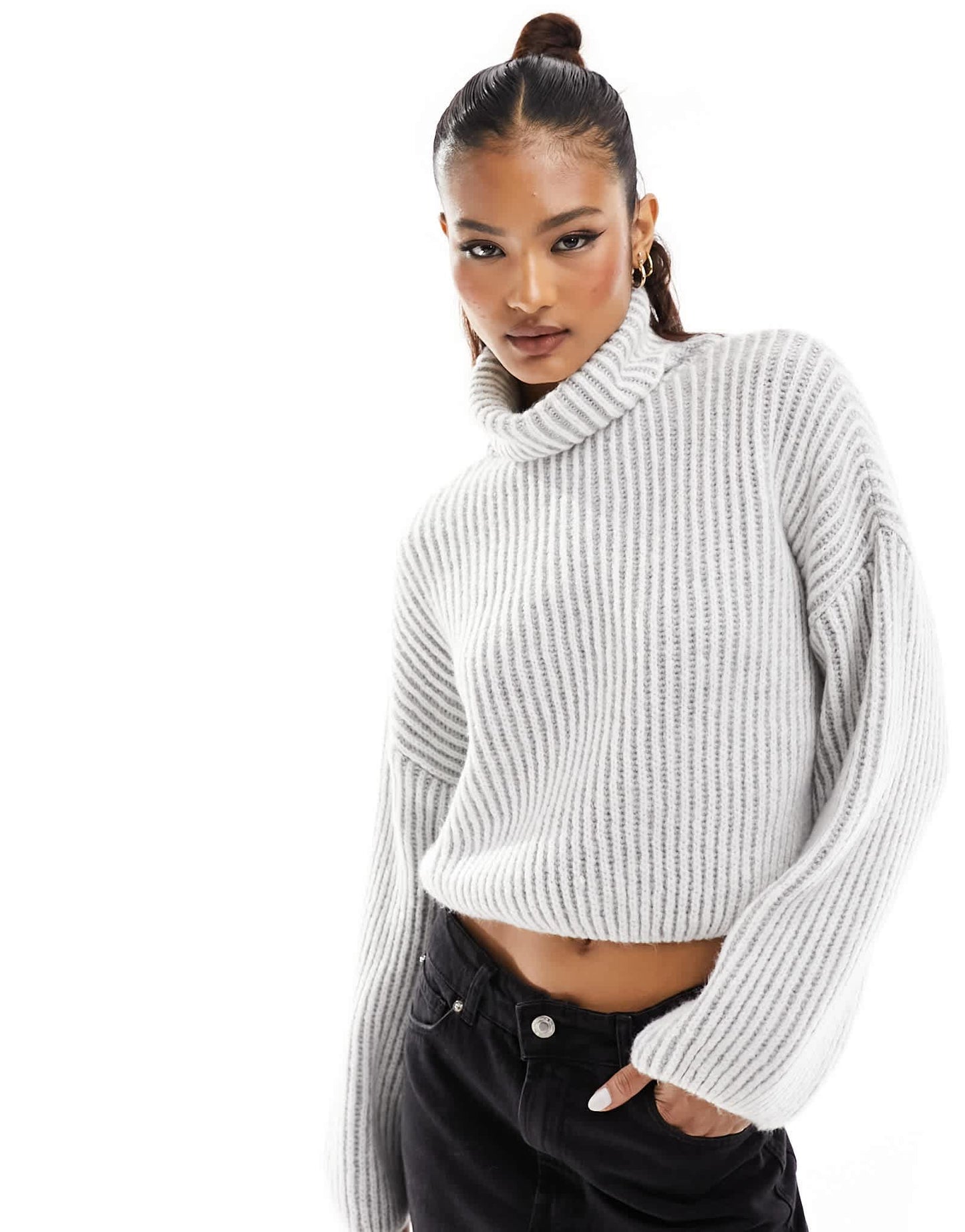 Stradivarius chunky high neck jumper in 2 tone stripe in grey