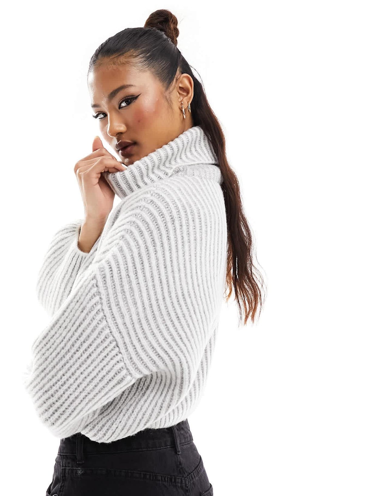 Stradivarius chunky high neck jumper in 2 tone stripe in grey