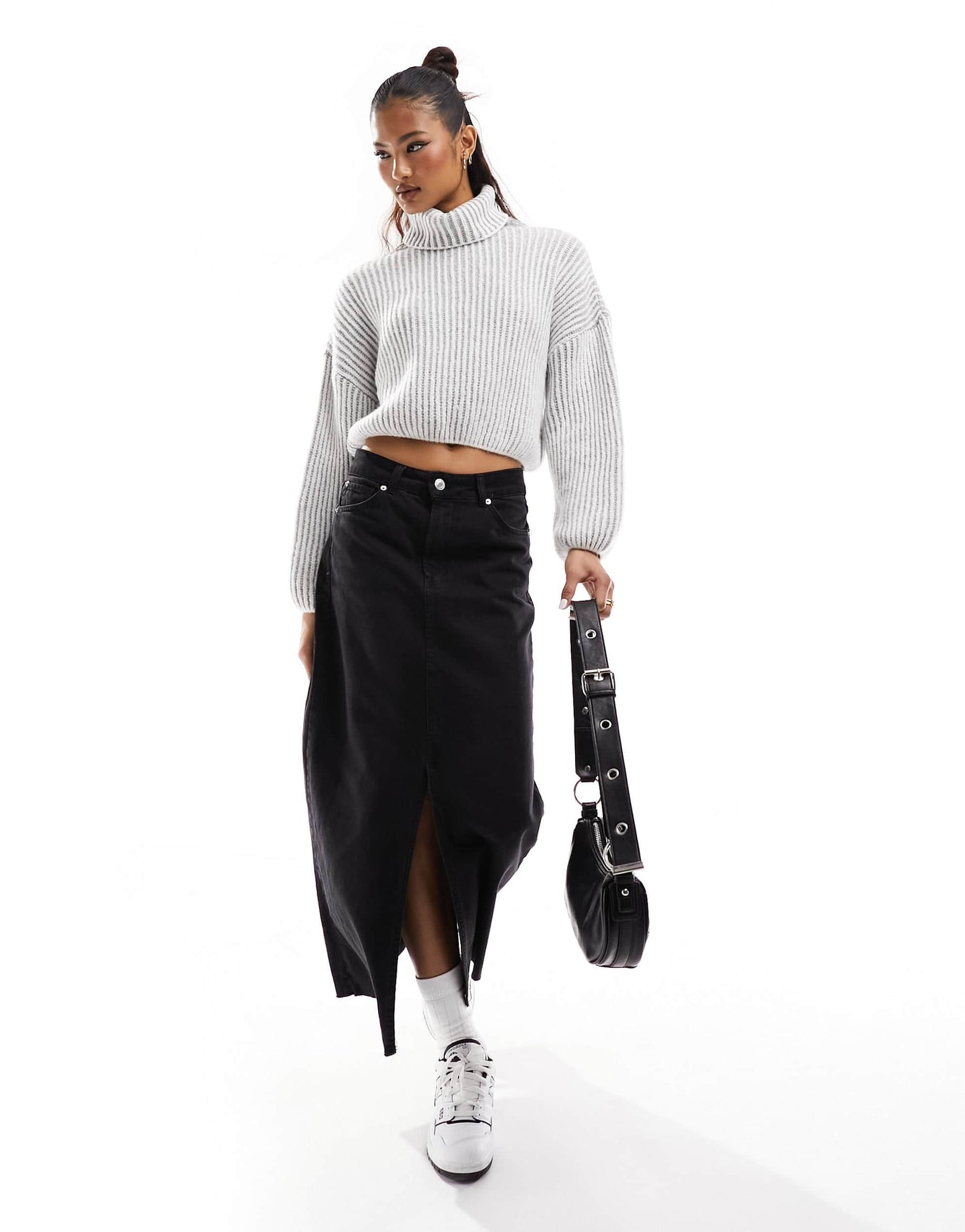 Stradivarius chunky high neck jumper in 2 tone stripe in grey